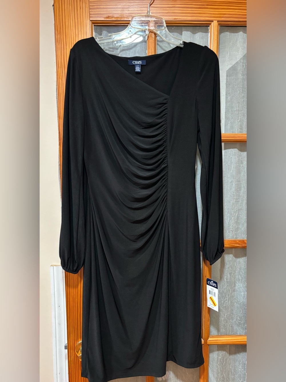 Chaps Black Long Sleeve Ruched Front Dress